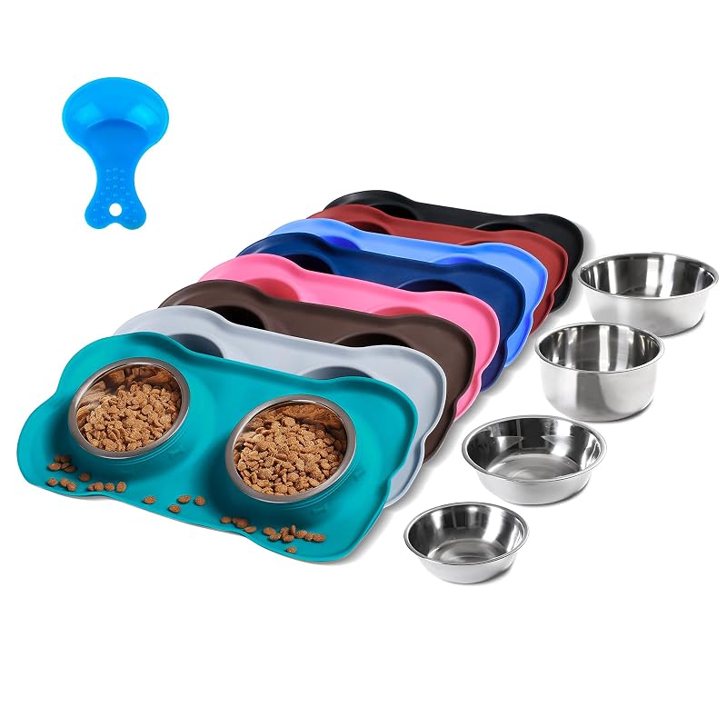 Tigelas para Cães e Gatos Hubulk em Aço Inoxidável com Tapete de Silicone Antiderrapante Verde Extra Grande (Extra Large), Pacote com 2