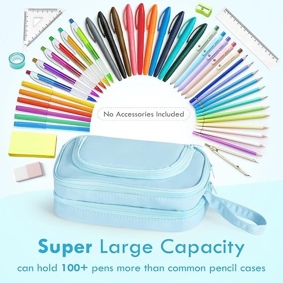 Large Capacity Pencil Case, Pencil Pouch with Pull-Out Compartments, Blue