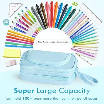 Large Capacity Pencil Case, Pencil Pouch with Pull-Out Compartments, Blue