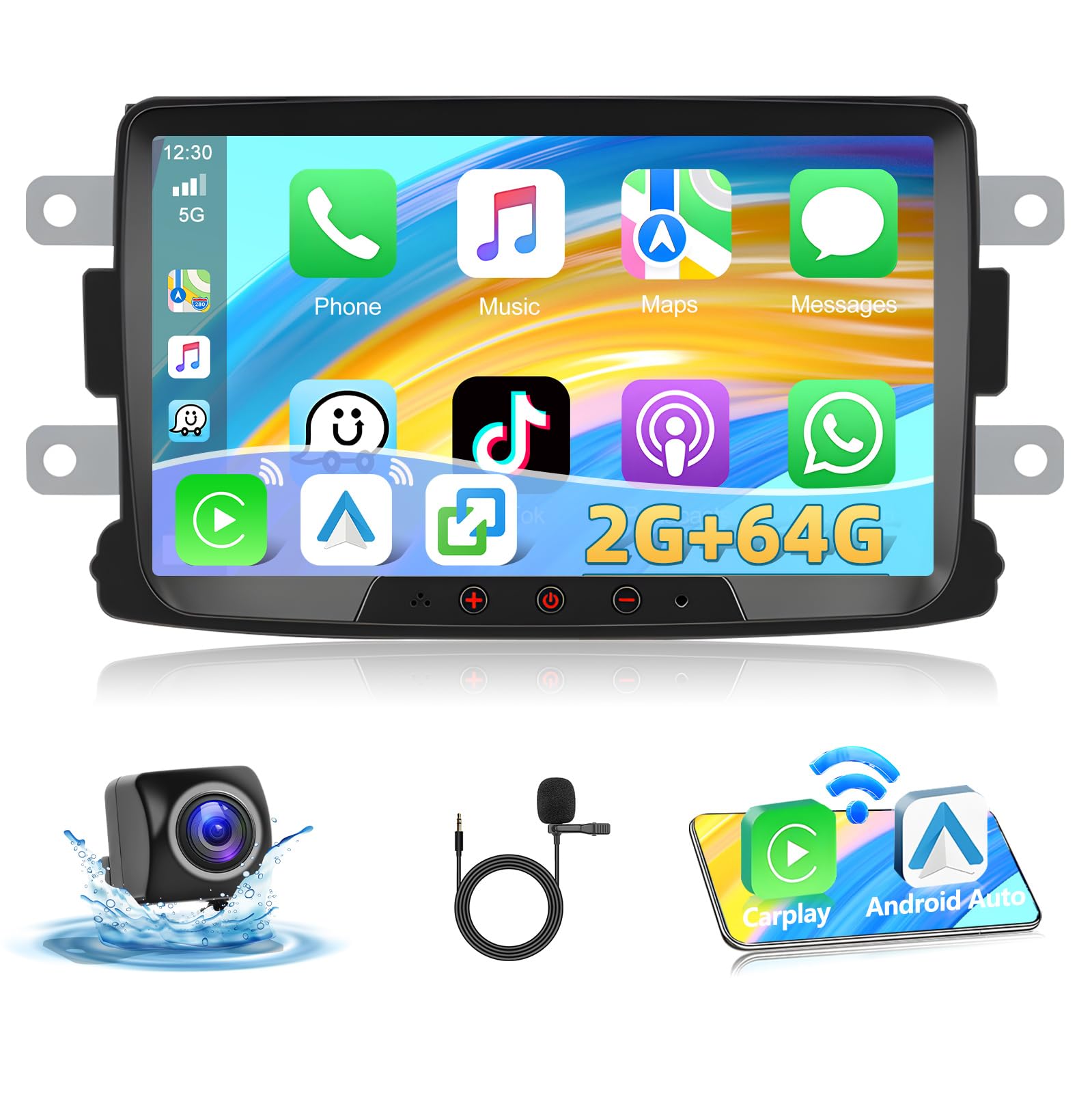 8-Kern 4GB+64GB Android 14 Autoradio GPS Navi Für Renault Dacia Duster Logan Sandero Dokker Lodgy 8 Zoll IPS Touchscreen Wireless CarPlay Android Auto DAB+ DSP Bluetooth 5.0 A2DP WiFi OBD2 SWC Canbus