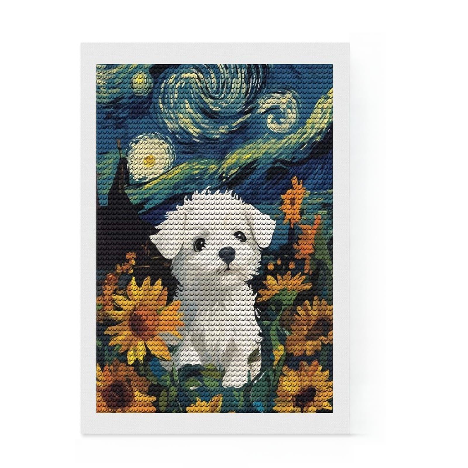 Junmoney Dog in Starry Night Style Diamond Art Canvas 8"x12", for Women, Sparkling Round Gems, Gift Idea, Boho Decor, Satisfying Creative Project
