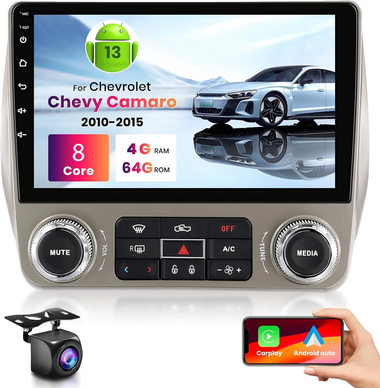 [8 CORE 4G+64G] Upgraded Android 15 for Chevrolet Chevy Camaro 2010-2015 Car Radio with Wireless Carplay, 9 Inch Touch Screen with Bluetooth, GPS Navi, 5G WiFi, DSP+ Backup Camera