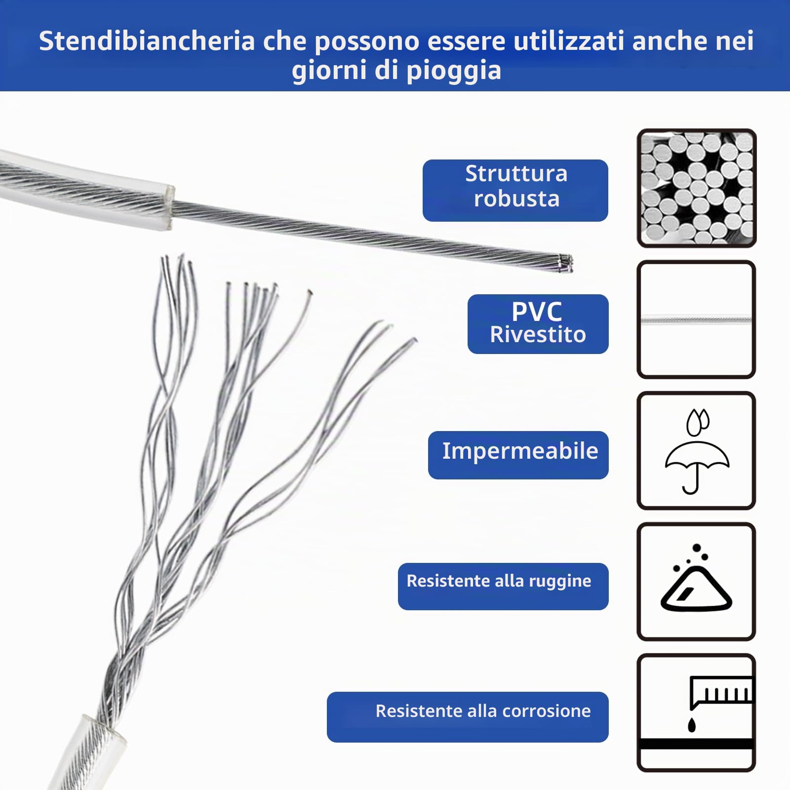 50m Filo per bucato con anima in acciaio, 4 mm, extra forte, resistente alla ruggine e alla corrosione, adatto per uso esterno, capacità 200 kg (Trasparente)