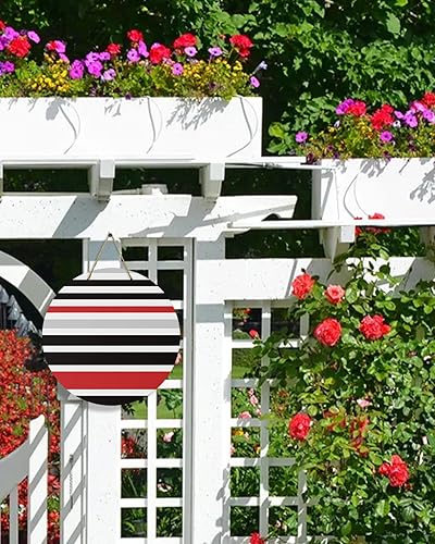 Miniatura 6 de Letrero de bienvenida para decoración de puerta delantera, arte abstracto, rayas blancas, rojas y negras, coronas de 10 pulgadas, decoración