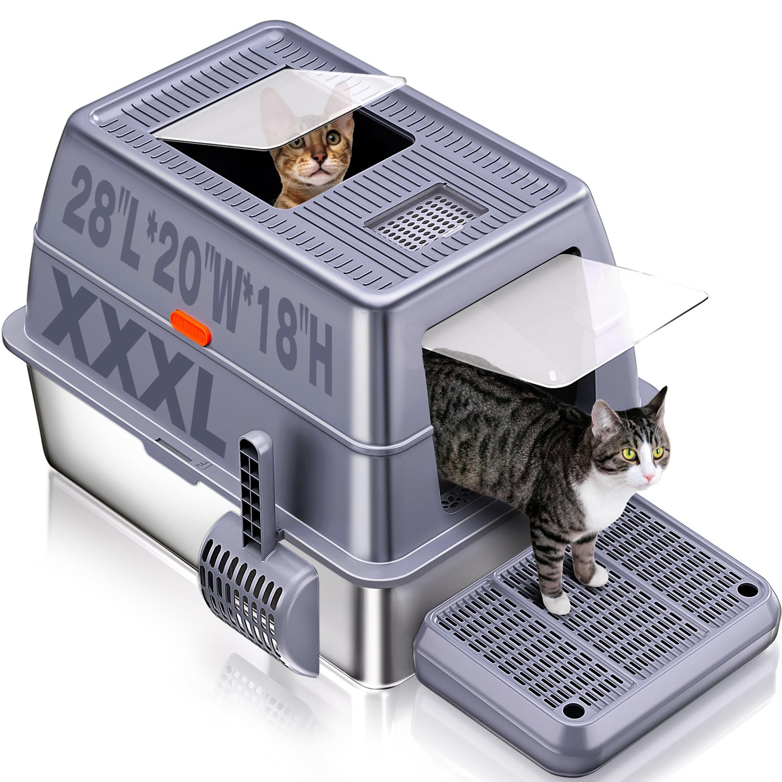 XXXL Stainless Steel Litter Box with Lid?Extra Large 28"L*20"W*18.1"H Metal Cat Litter Boxs,Jumbo Enclosed Removable Litter Box High Sides For Big Cats,with Cat Litter Scoop, Leak-Proof, Easy to Clean