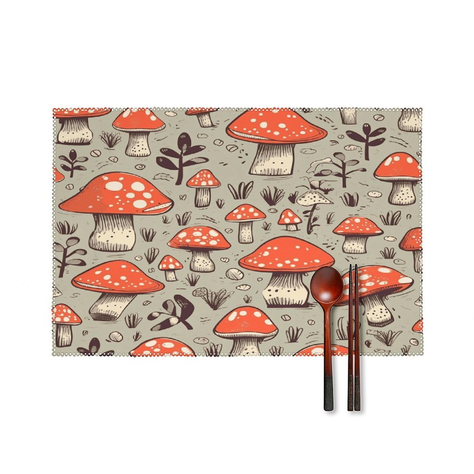 Cartoon Mushrooms Placemats Set of 4 Heat Resistant Non-Slip Place Mats for Dining Table Washable Placemat Wipeable Dining Table Mat Canvas Place Mats Dining Table Decor