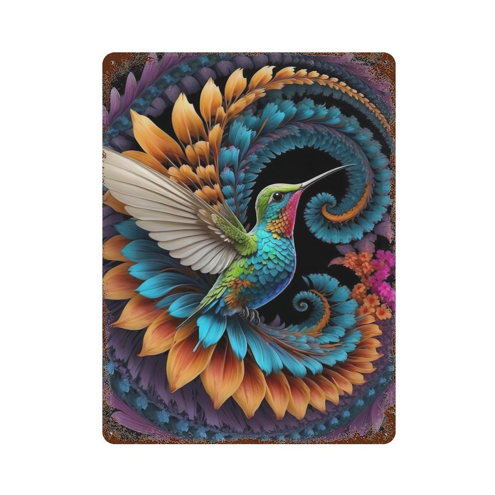 Vintage Rust Metal Sign Hummingbird Fractal 15.7"x11.8", Decorative Metal Wall Art for Basement, Hobby Room And Garage Decor
