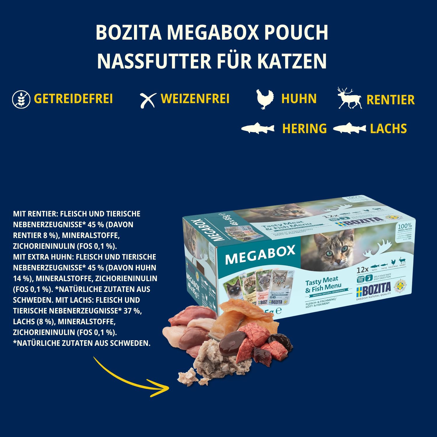 Bozita Nassfutter Megabox - Häppchen in Sauce mit Huhn, Lachs & Hering – 48x85 g Portionsbeutel getreidefreies Futter – Katzennassfutter Mixpack mit hohem Fleischanteil für gesunde Ernährung