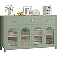 GarveeHome 62" Large Sideboard Buffet Cabinet with Storage and 3 Drawers, Buffet Table Coffee Bar Storage Cabinet with 4 Glass Doors for Dining Room, Living Room, Kitchen, Black