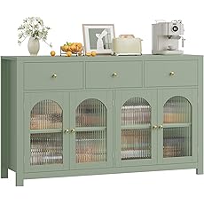 GarveeHome 62" Large Sideboard Buffet Cabinet with Storage and 3 Drawers, Buffet Table Coffee Bar Storage Cabinet with 4 Glass Doors for Dining Room, Living Room, Kitchen, Black