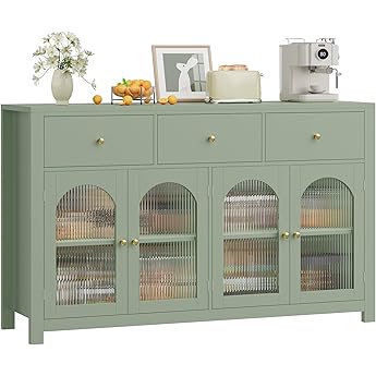 GarveeHome 62" Large Sideboard Buffet Cabinet with Storage and 3 Drawers, Buffet Table Coffee Bar Storage Cabinet with 4 Glass Doors for Dining Room, Living Room, Kitchen, Black