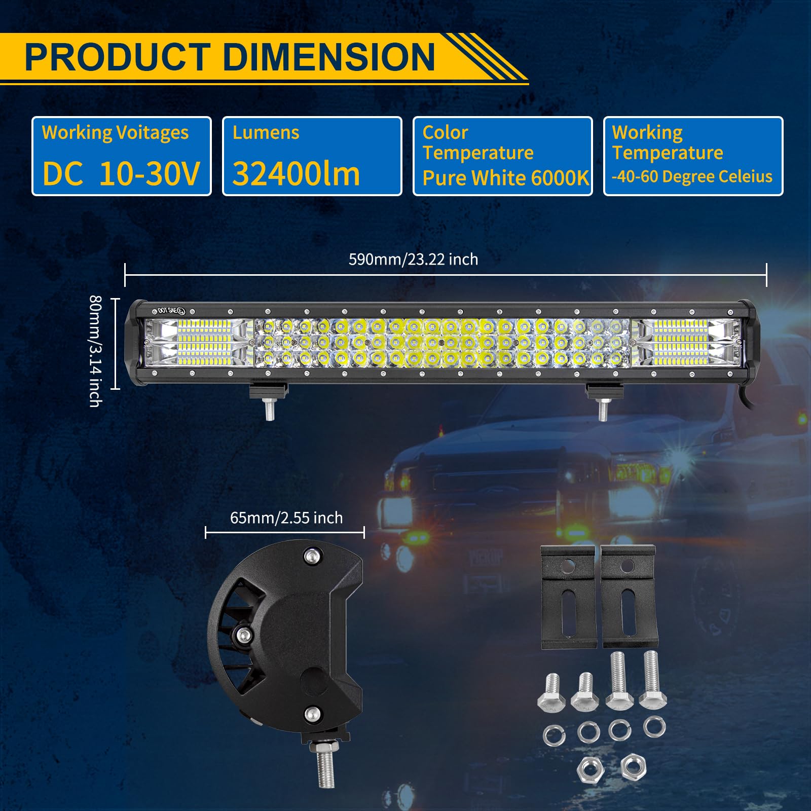 RIGIDON Listwa świetlna LED 58 cm 324 W z zestawem kabli 12 V, magnetycznym wspornikiem i reflektorami powodziowymi 18 W do samochodów terenowych, ciężarówek, SUV, ATV 4 x 4, lampa robocza, 6000 K