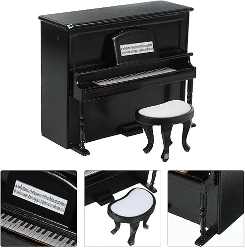 Miniatura 6 de GANAZONO 1 juego de piano de casa de muñecas 112 en miniatura de simulación de madera vertical con taburete para fotos de casa de muñecas,