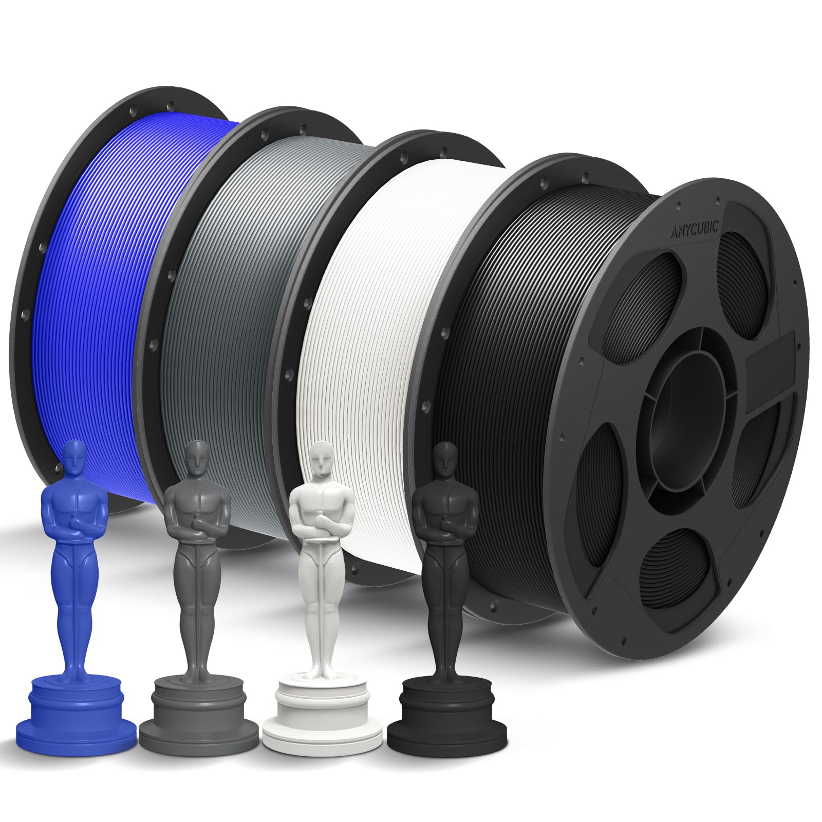 ANYCUBIC Filamento PLA Plus para Impresora 3D,Filamento PLA Plus con Bobina Desmontable,Filamento 3D Mejorado de Dureza,Inteligente RFID,Negro Perla&Blanco Brillante&Textura Gris&Azul Deslumbrante,4kg