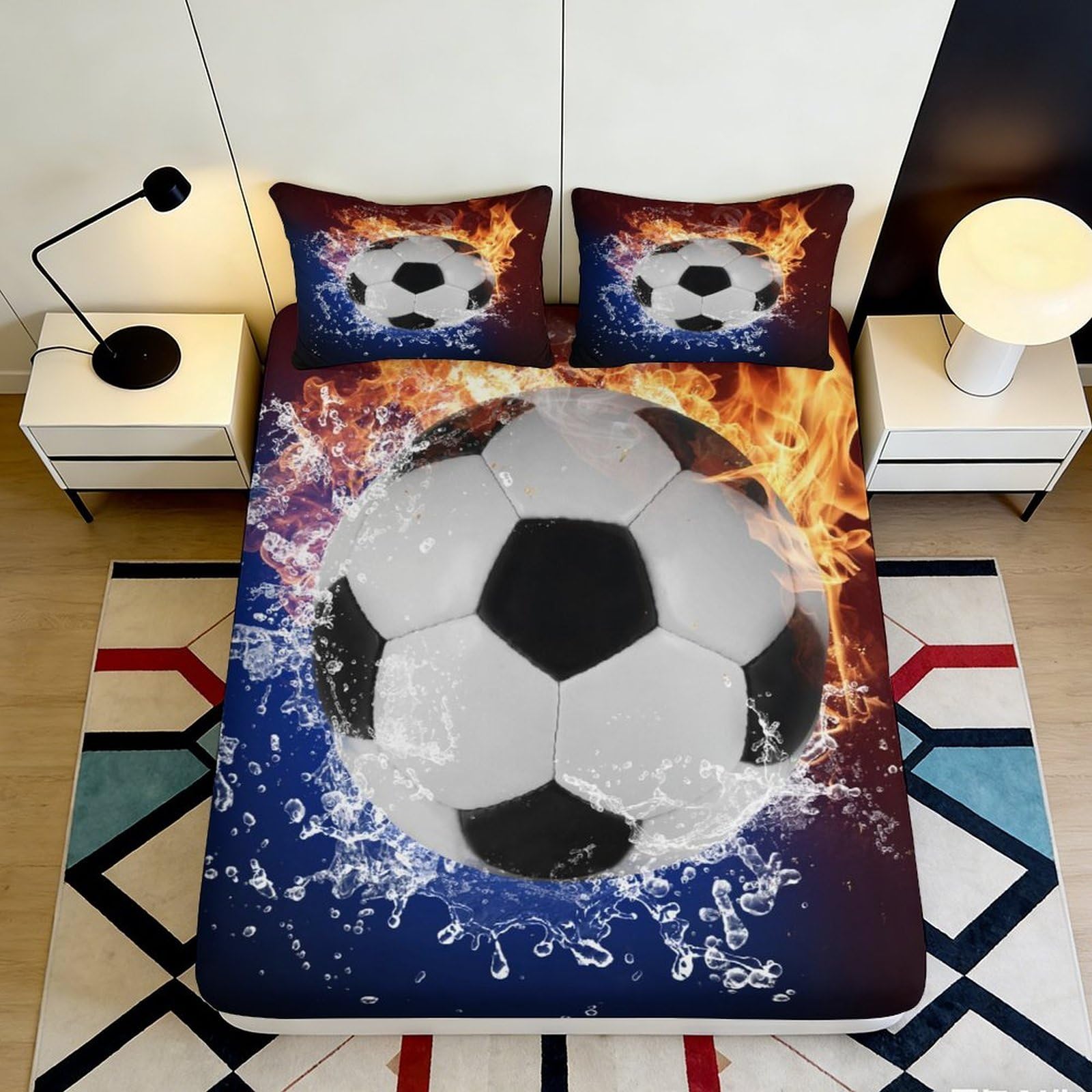 3D Printed Fire and Water Soccer Ball Fitted Sheet Microfiber Soft Breathable Football Design Bed Cover for Bedroom Dormitory Guest Room Mattress Protection 120x200x25cm