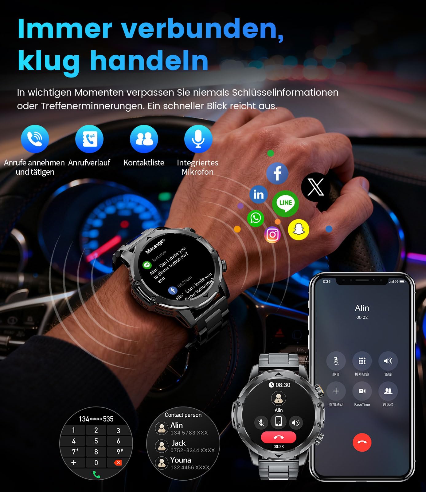 1,53'' HD Smartwatch Herren mit Telefonfunktion, 1000mAh/LED Taschenlampe