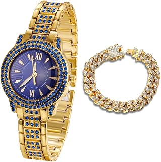 Halukakah Green/Blue/Red Diamonds Watch Iced Out for Boy Teens Kids - 18K Real Gold/Platinum Plated,Round Dial,Japanese Quartz - 7.7" Length - Optional with Cuban Link Chain - for Birthday,Parties