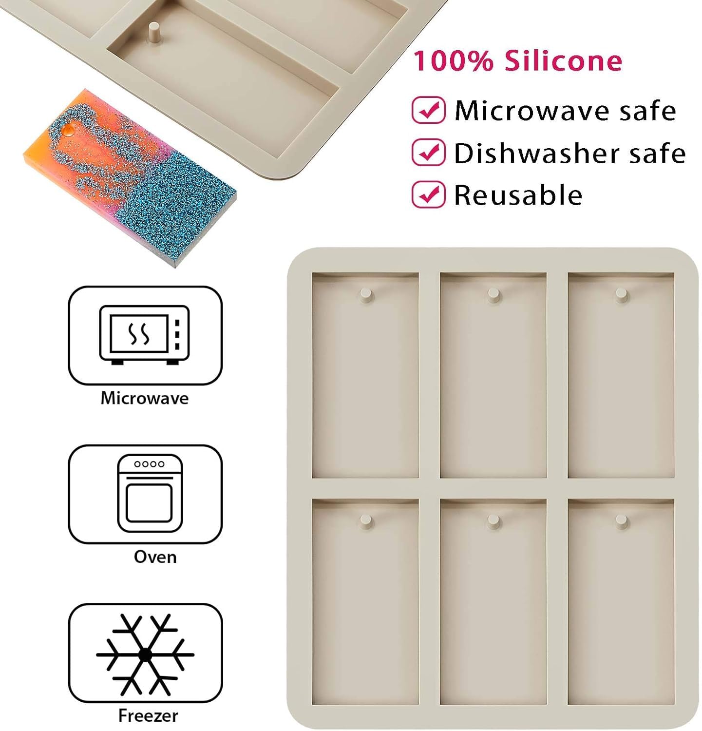FirstTry Aromatherapy Wax Mold I Silicone Fondant Mould with Hanging Hole I Dried Flowers Resin Soap Clay Craft Jewelry Making Molds DIY Pendant Bookmark Necklace I Grey - 6 Cavity (Rectangle) 1