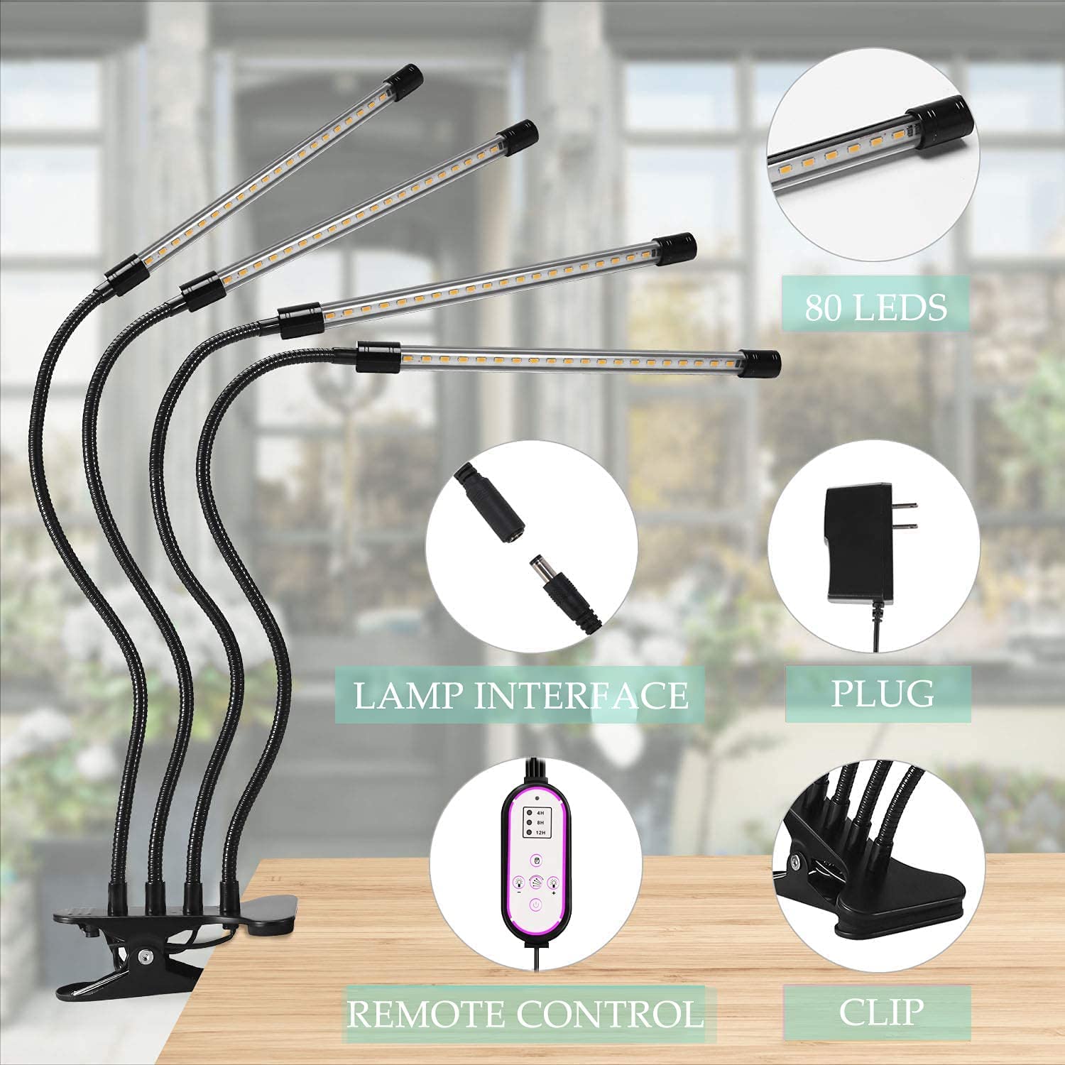 Lampada LED Per Piante A Spettro Completo - 4 Teste Flessibili Con Timer | 80 LED Per Crescita Interna E Serra