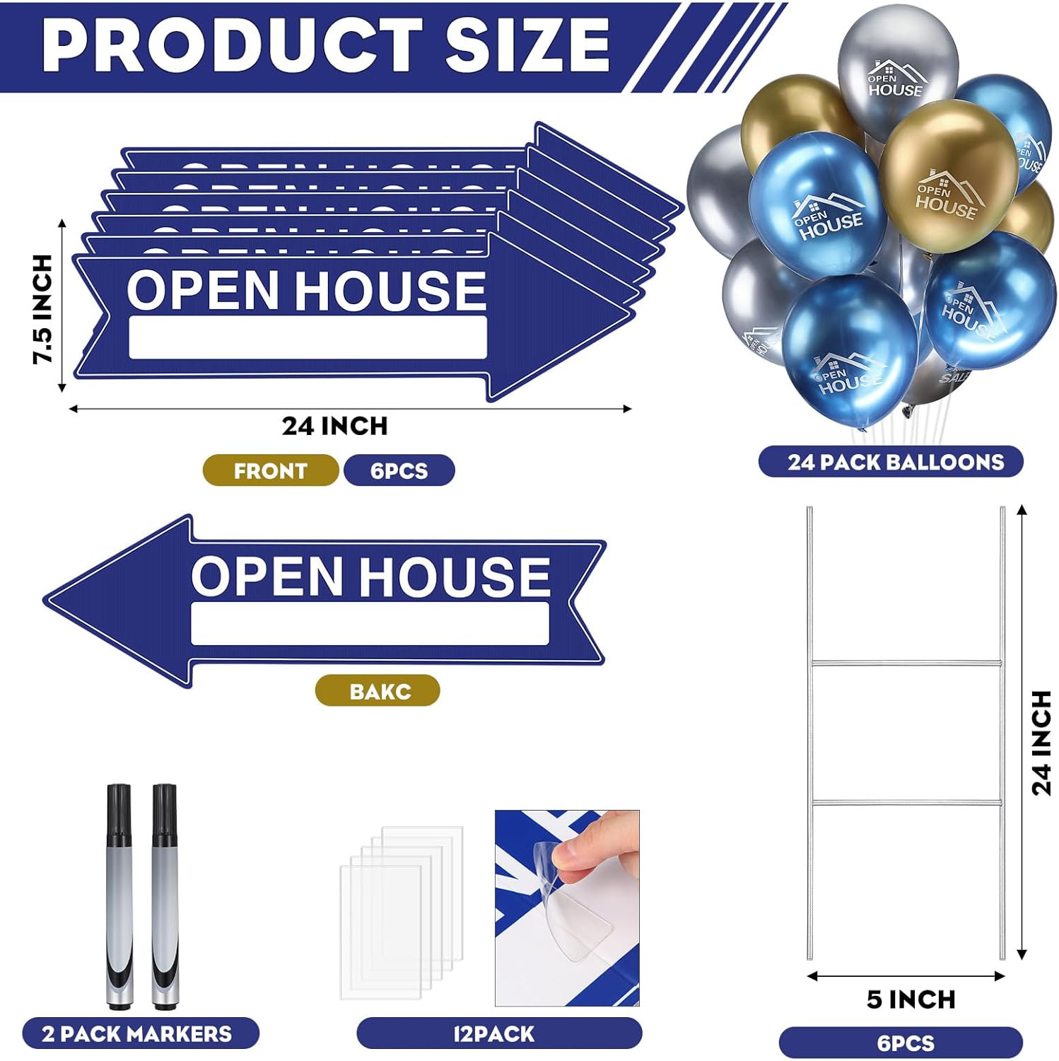 Shellwei 6 Pack Open House Signs 24 x 7.5 Inch Double Sided Yard Sign with Stake Large Real Estate Sign Property Sale Directional Arrow Post with 24 Metallic Balloons Markers Ribbon (Blue, Open House)