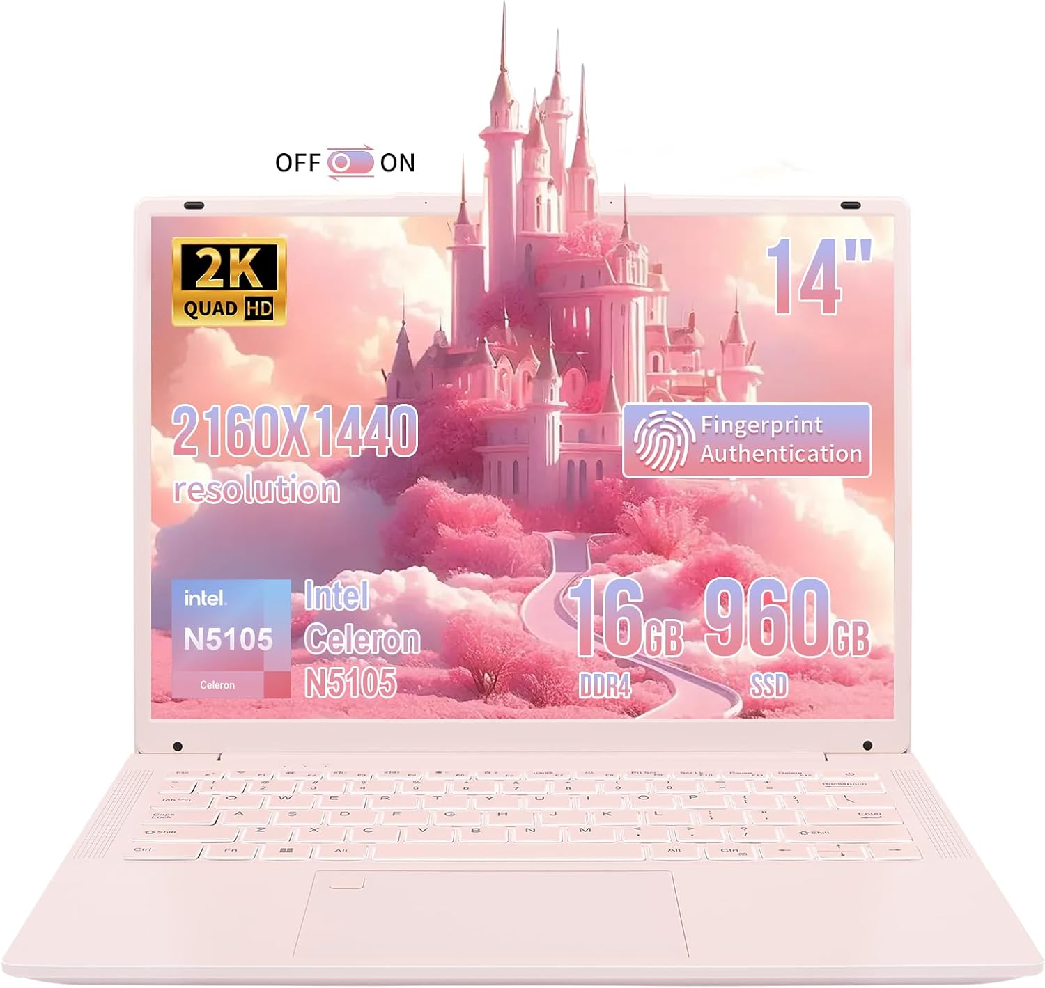 14.1 Inch Portable Laptop,Celeron N5105 Processor,16GB,(2160 x 1440) IPS,Fingerprint Unlock,Win 11,Backlit keyboard, Push-pull camera,Type-C,USB3.0*3,HDMI*1,WiFi /BT 5.0(Pink,16G+960GB SSD)