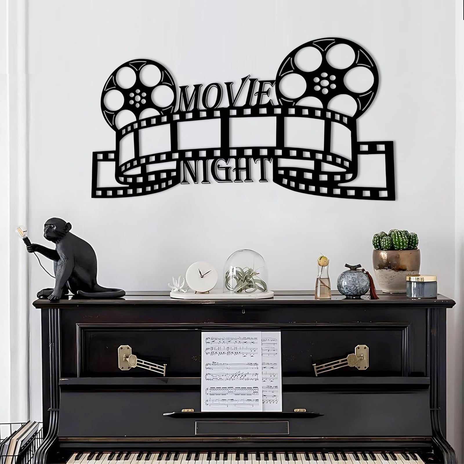 Metalowa czarna sztuka ścienna do kina, metalowa noc filmowa, dekoracja ścienna dla miłośników kina, nowoczesna rzeźba do salonu, sypialni, korytarza i schodów, wystrój domu w stylu natura