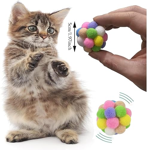 Miniatura 2 de AQSXO Pelotas de juguete para gatos de 2 pulgadas con campana, bolas suaves y coloridas y peludas, juguetes para gatos para interiores, 12 piezas.