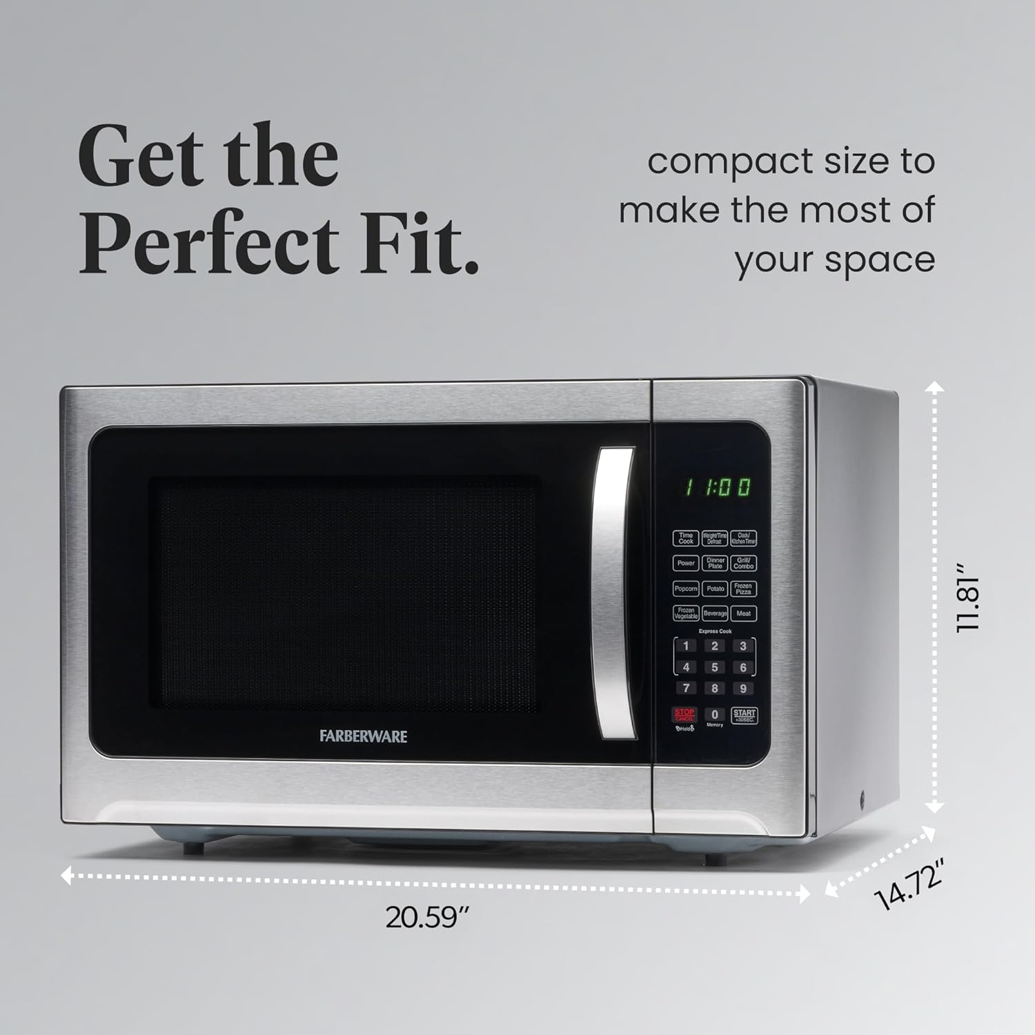 Farberware Microwave dimensions: 20.59 inches wide, 14.72 inches deep, 11.81 inches high