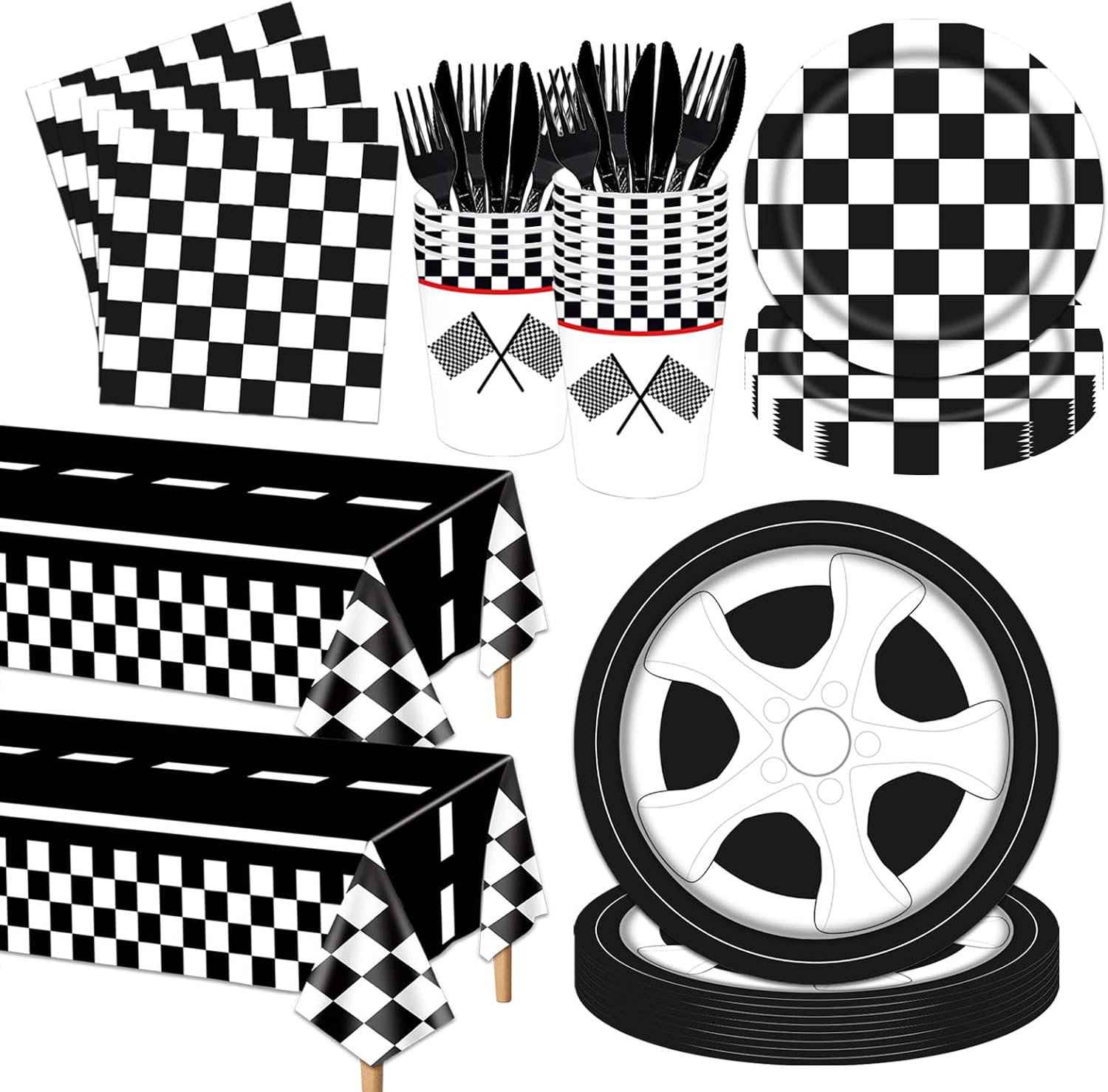 146PCS Racing Car Party Supplies Race Car Tableware Set Serve 24 Includes Race Cars Plates and Napkins Cups Forks Tablecloth Black and White Checkered Racing Birthday Party Decorations
