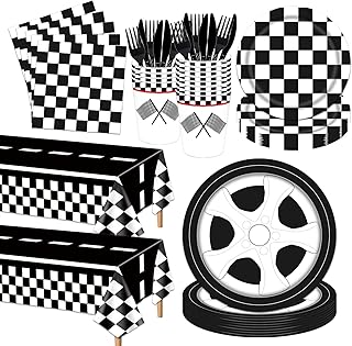 146PCS Race Car Party Tableware Set Racing Car Plates and Napkins Party Supplies Black and White Checkered Race Car Birthday Party Decorations Car Tablecloth Plates Napkins Cups Forks Knives Serve 24