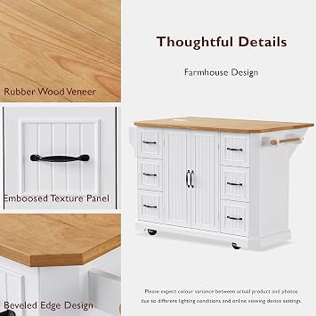 Kitchen Island on Wheels, 55.5x29.75x36 Rolling Storage Island Cart, Foldable Top with Built-in Power Outlets, Adjustable Shelves & Spacious Drawers, Mobile Kitchen Island Table (White)