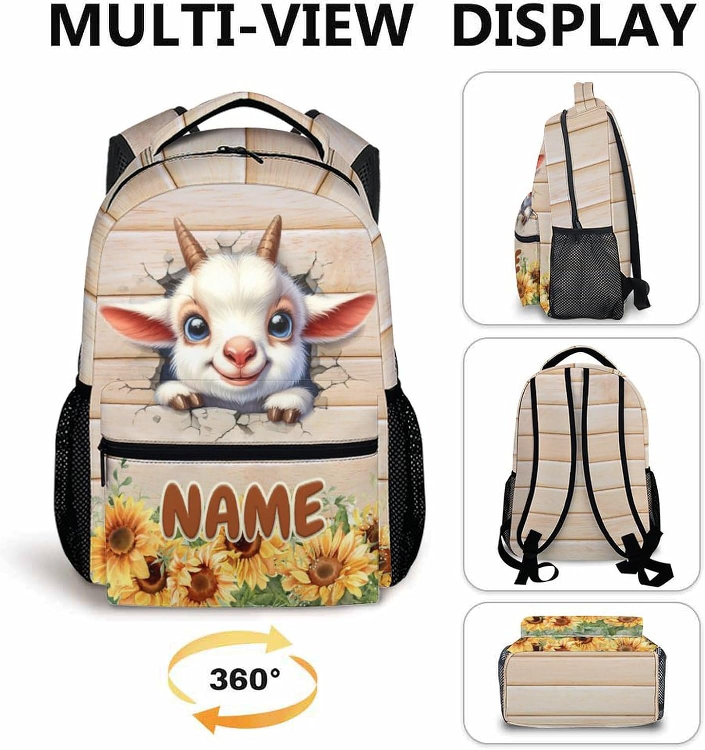 Kids Backpack for School, Custom Goat Backpack, Cute Backpacks for Boys Girls 6-8, 17 Inch Farm Animal Bookbag for School Daily Use Travel Camp