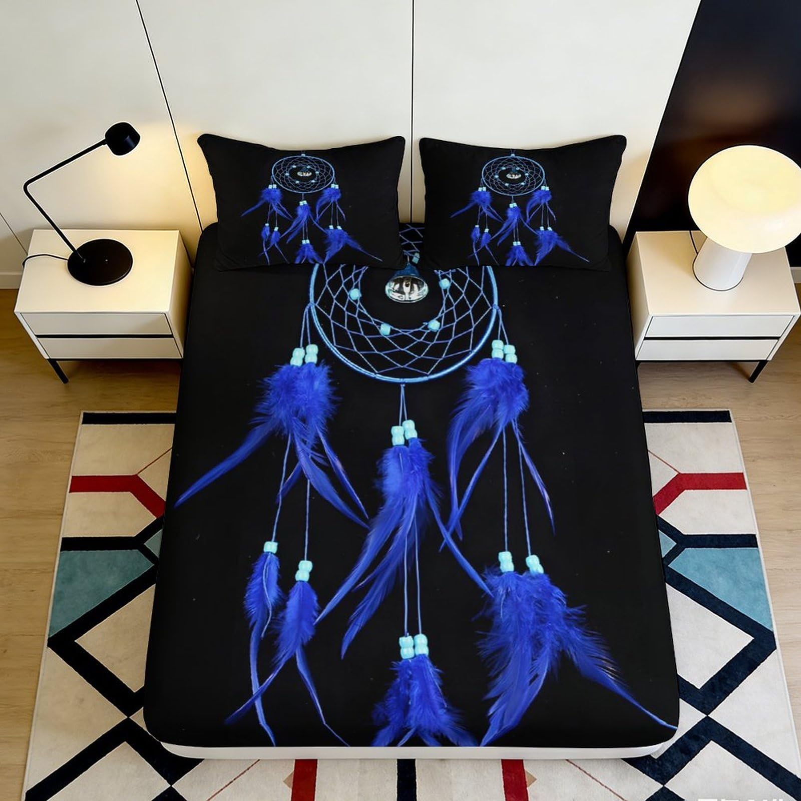 3D Printed Blue Dreamcatcher Fitted Sheet Microfiber Soft Feather Pattern Mattress Cover Bedroom Dorm Protector 140x200x25cm