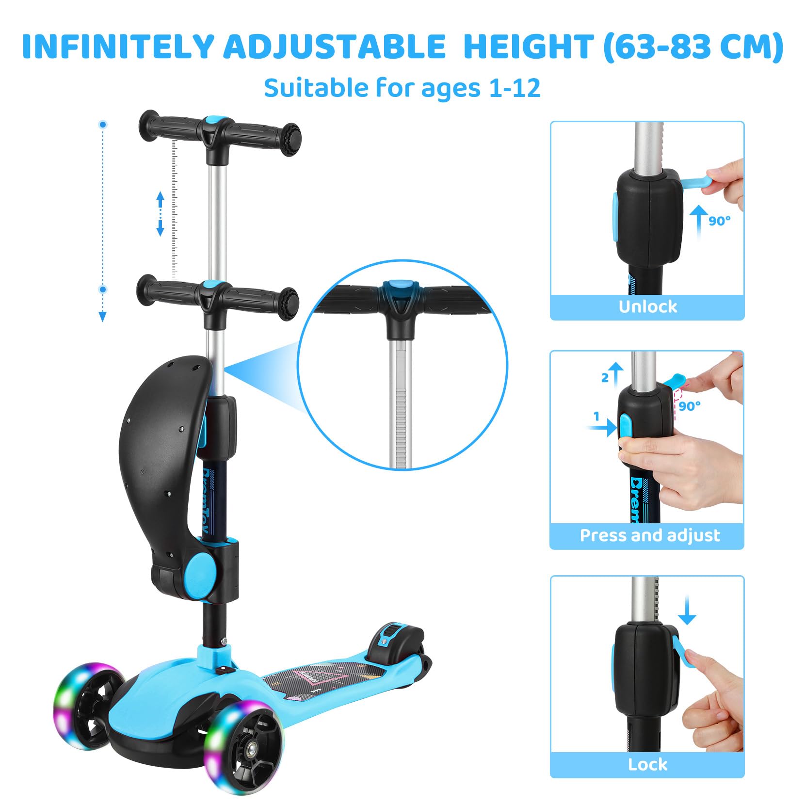 BremToy Patinete para Niños de 1 a 12 Años, Ajuste de Altura Infinito, Patinete con Asiento Extraíble, 3 Ruedas Brillantes LED, Carga Máxima 50KG, Regalos para Niños