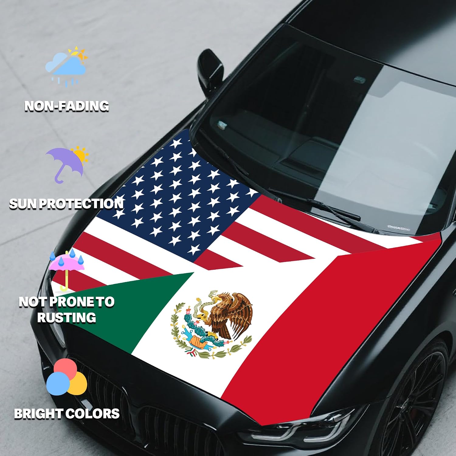 4x5ft Mexico Ameri ca Friendship Car Hood Cover, Car Bonnet Banner, Universal Fit, Elastic Polyester, Stretchable, Patriotic Automotive Hood Covers