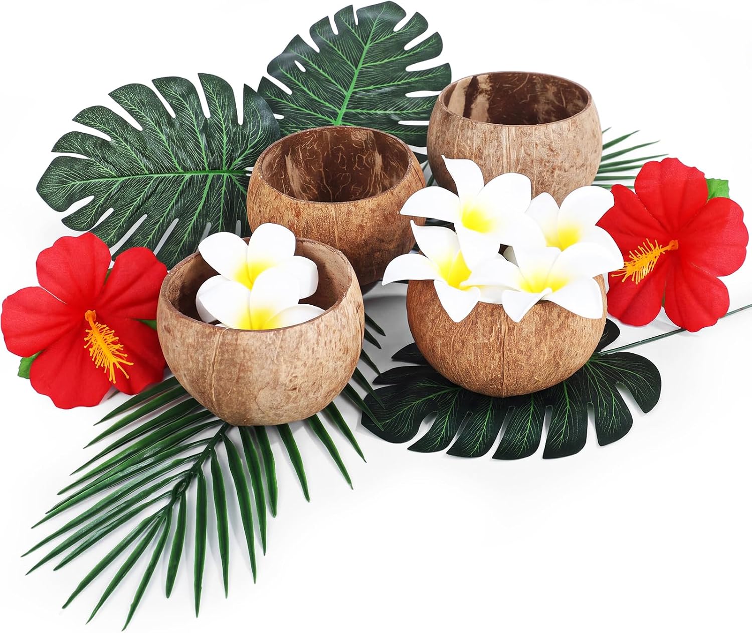 Pinkunn 32 Pcs Coconut Cup Set for Party, Coconut Shell Bowl Hawaiian Decor | Natural Coconut Shell, Turtle Leaves, Artificial Flower, Luau Tropical Party Supplies, Beach Summer Drinks, DIY Table Decor