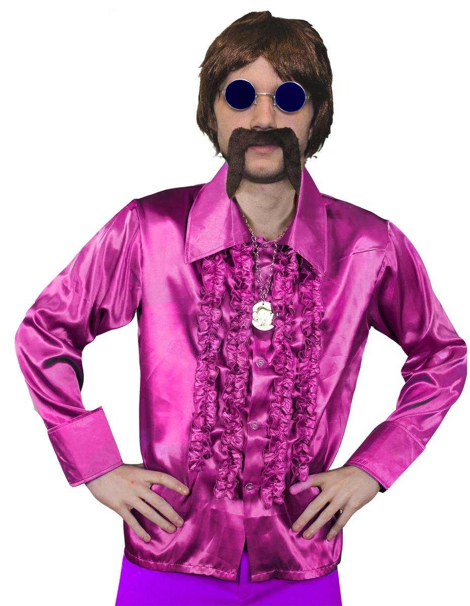 Mens 70s Disco Fancy Dress Costume, Mens Short Brown Wig, Pink Disco Shirt, Gold Medallion