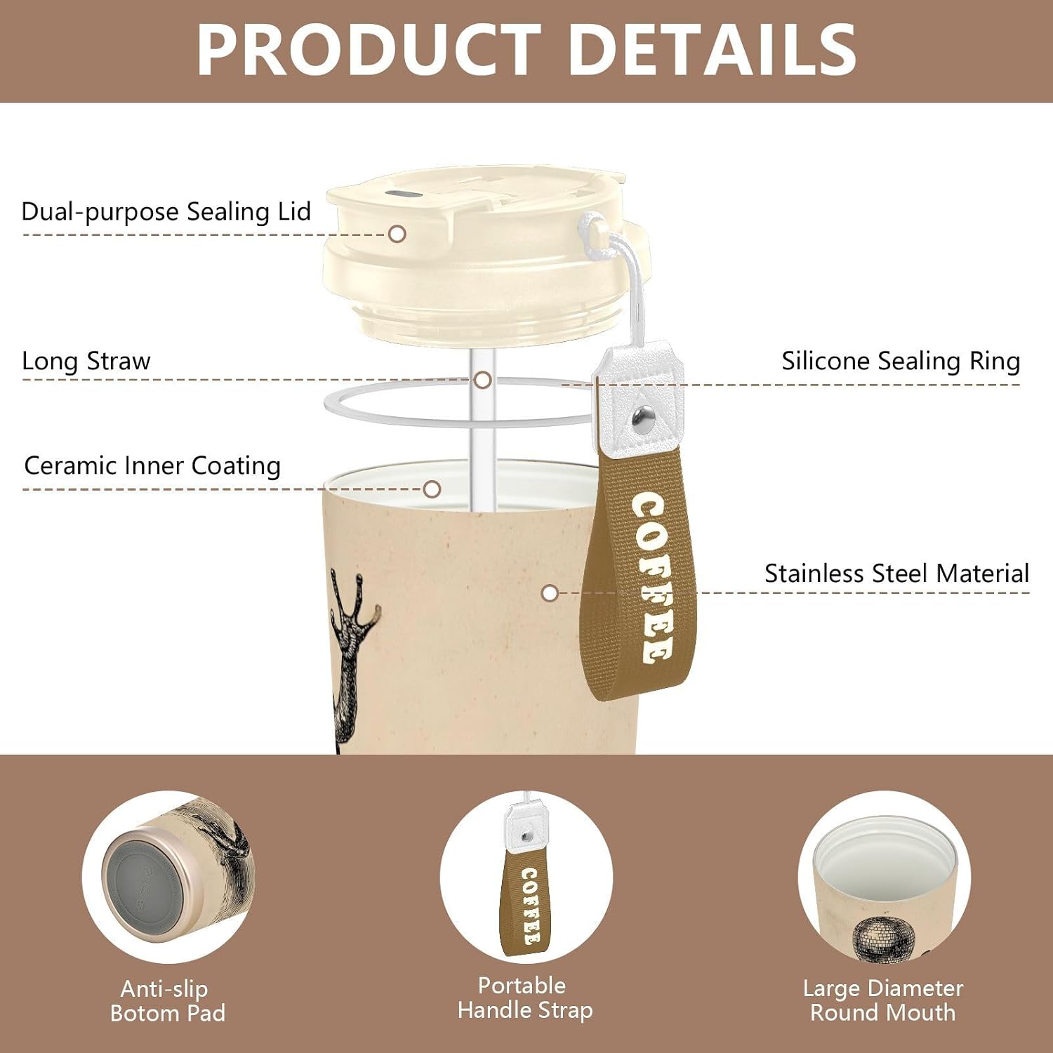 Frog Dance Insulated Coffee Mug with Straw & Flip Lid, 16.9oz Iced Tumbler Cup, Double Wall Vacuum Mug for Travel Office