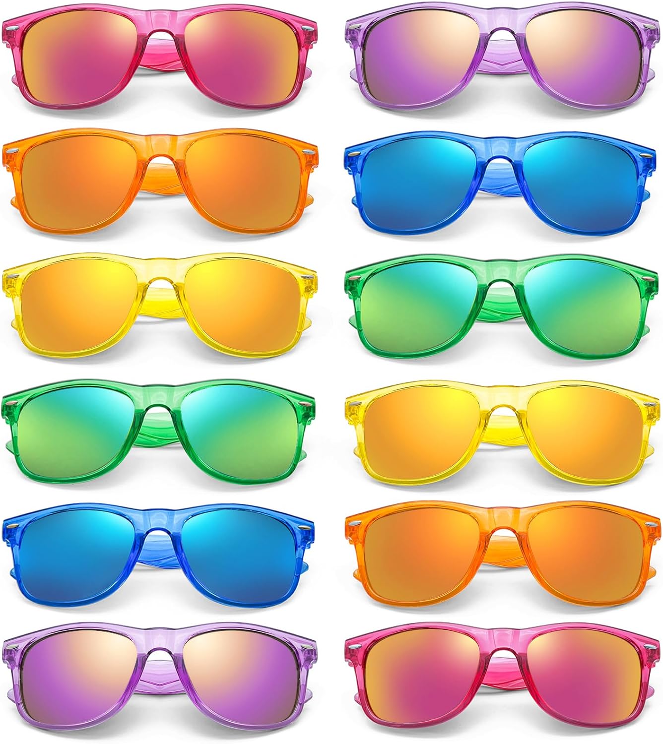 SUNOVELTIES 12/24 Pack Neon Party Sunglasses Mirrored/Jelly Lens Bulk Glasses Horn Rimmed Eyewear for Men Women