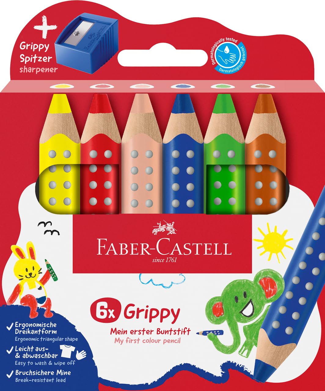 Faber-Castell 110635 Set Grippy, 6 Jumbo Buntstifte für Kleinkinder, leicht abwaschbare Malstifte für Kinder, ergonomische dreieckige Form, dicke Buntstifte, 10mm dicke Mine, Anspitzer Inklusive