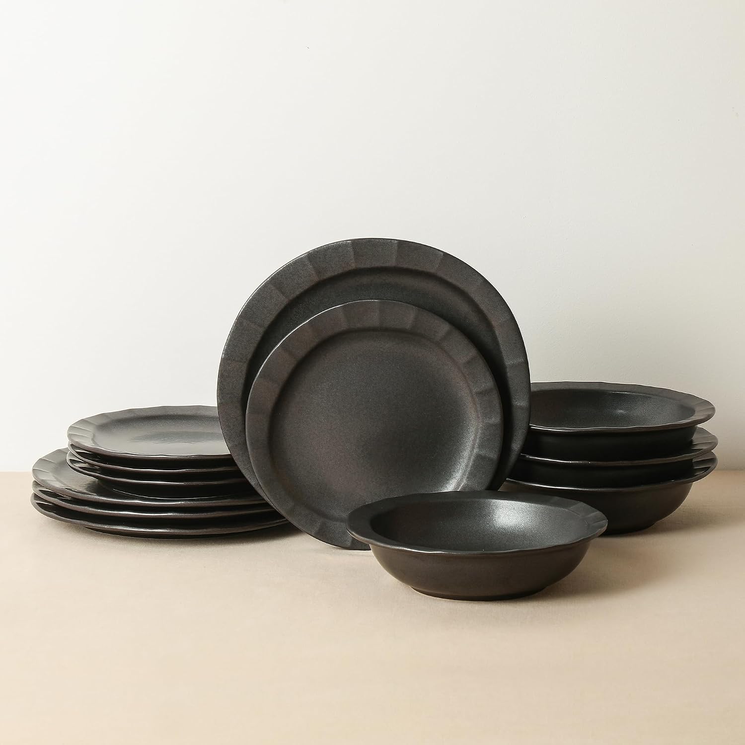Stone Lain Oasis Stoneware 24 Piece Dinnerware Set, Home Kitchen Dish Set with Dinner Plates, Salad Plates & Bowls - Service for 8, Black