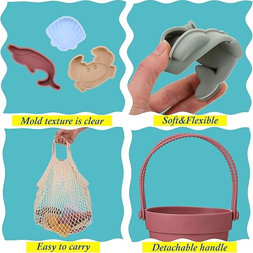 Miniatura 4 de Hungdao Juego de 16 juguetes de playa de silicona y 1 bolsa de playa de malla juguetes de arena plegable juguetes de arena de viaje pala de cubo de