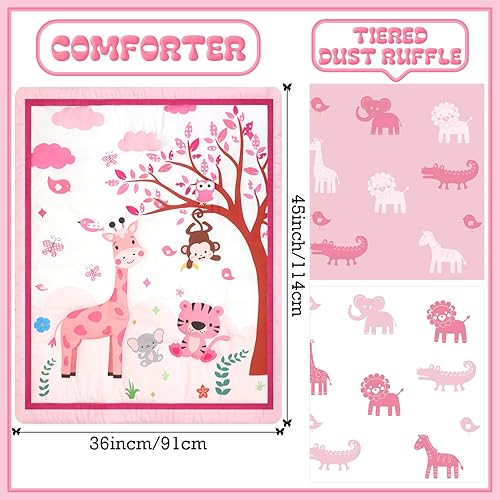 Miniatura 4 de Sunnyray Juego de ropa de cama de 6 piezas de animales de safari para niñas, tamaño estándar, juego de ropa de cama de bebé con edredón de bebé,