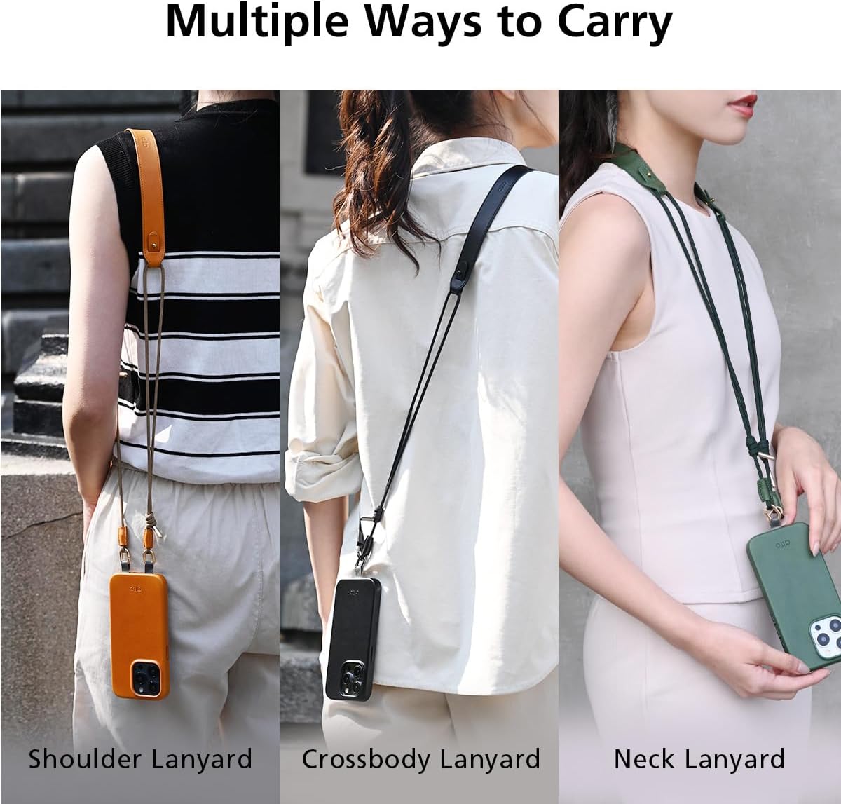 alto Universal Cell Phone Crossbody Lanyard Shoulder Pad Set, Detachable Patch, Adjustable Nylon Strap with Italian Leather Pads for iPhone and Android Full Body Phone Cases (Raven Black)