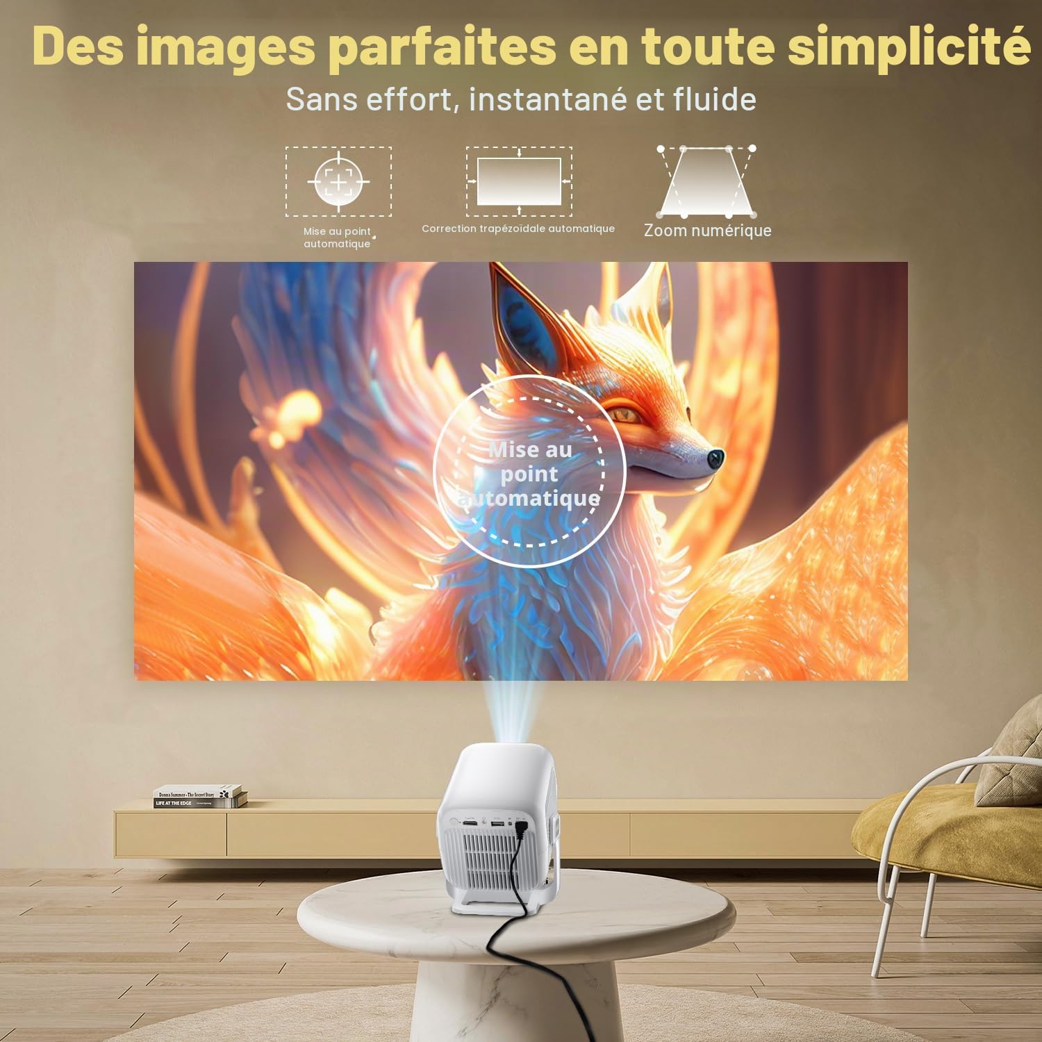 Salange Vidéoprojecteur Portable 4K FHD 1080P, WiFi Bluetooth Pico Retroprojecteur,Autofocus Automatique, Mini Projecteur Video avec Android 14.0 Home Cinéma, réglable à 180°, Blanc