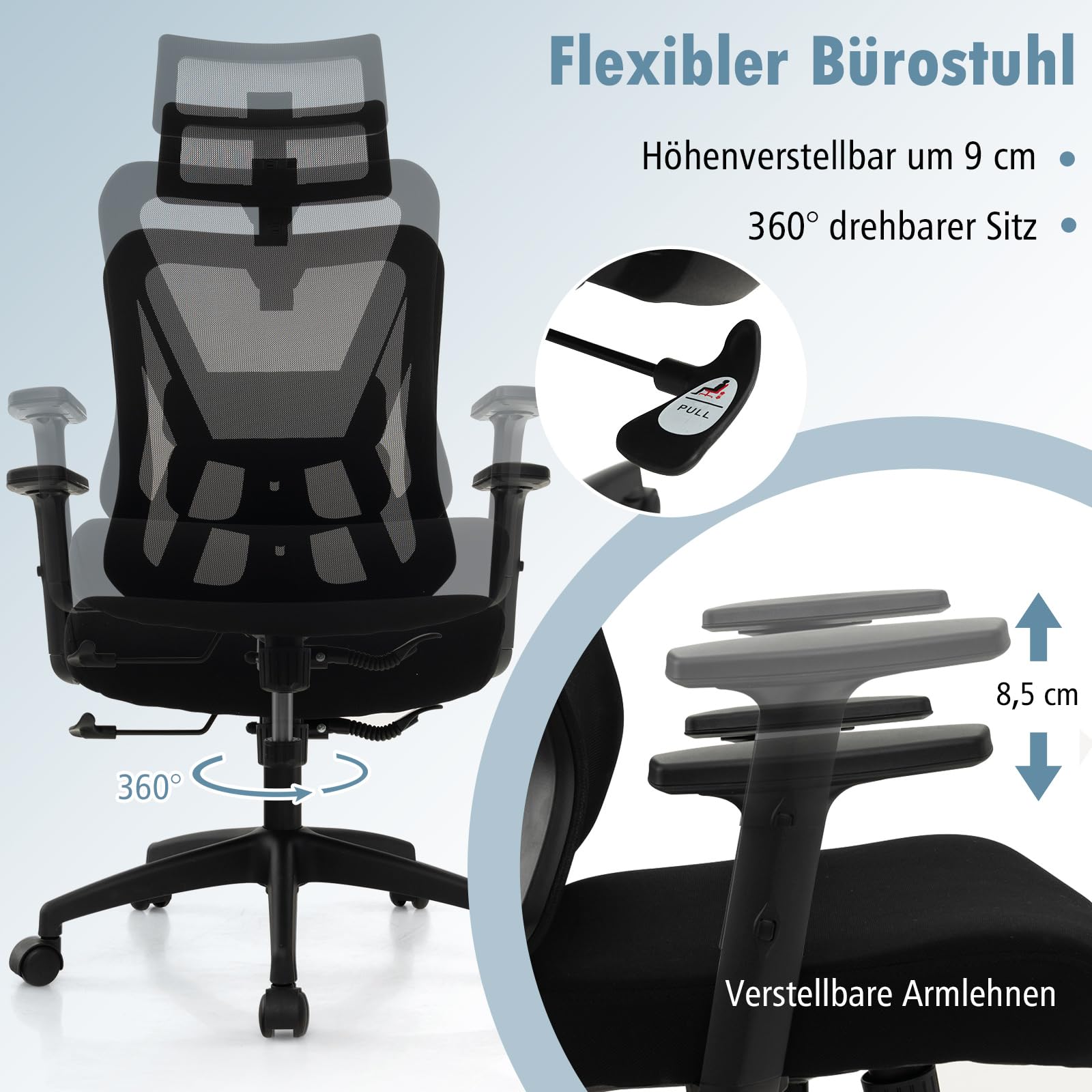COSTWAY Ergonomiczne krzesło biurowe, krzesło do biurka z regulowanym podparciem lędźwiowym, zagłówkiem, podłokietnikiem i oparciem, krzesło komputerowe z funkcją przechylania, krzesło obrotowe,