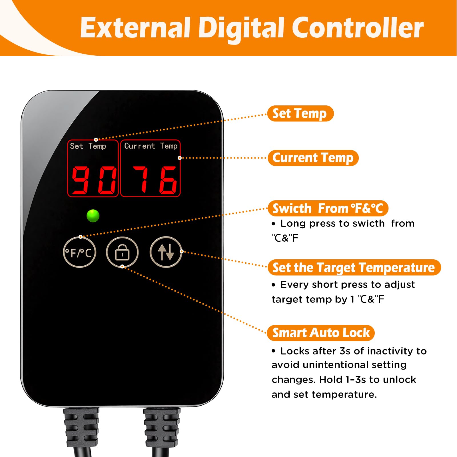 AQQA Aquarium Heizung,1200W Tauch Aquarium Heizstab mit Externem LED Thermostat Controller,Einstellbare Heizer für Aquarium,Überhitzungsschutz,für 650-1060L Süßwasser Salzwasser