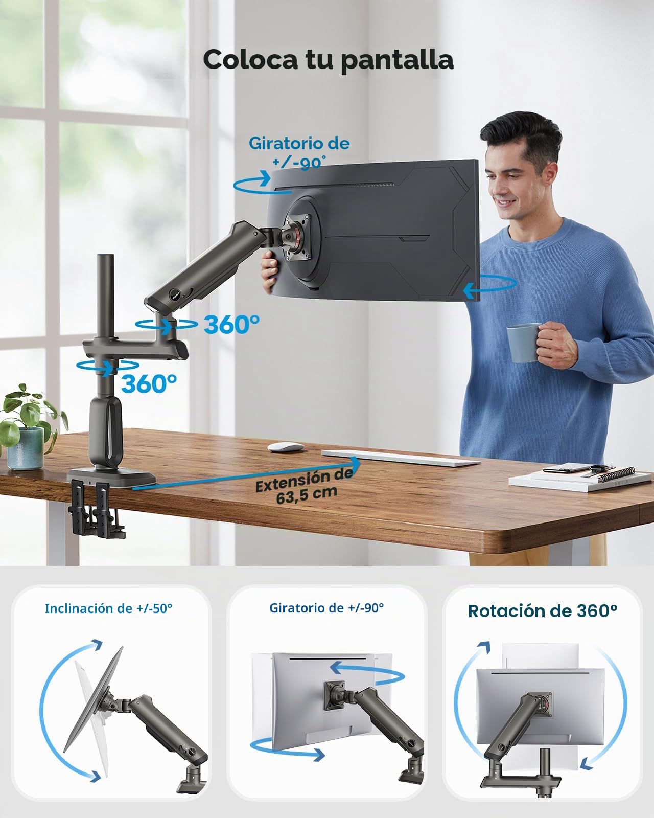HUANUO Brazo de Monitor Resistente para Pantallas Ultra Anchas de 13 a 49 Pulgadas, soporta 18 kg, Soporte para Monitor de Juegos de Escritorio con Ajuste de Altura de 739 mm, VESA 75x75 100x100