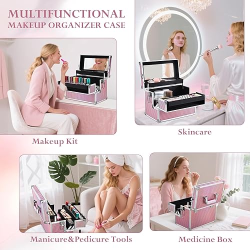 Miniatura 7 de Joligrace Estuche de maquillaje de 12 pulgadas, organizador de caja de maquillaje grande, estuche de maquillaje con espejo, estuche de viaje para