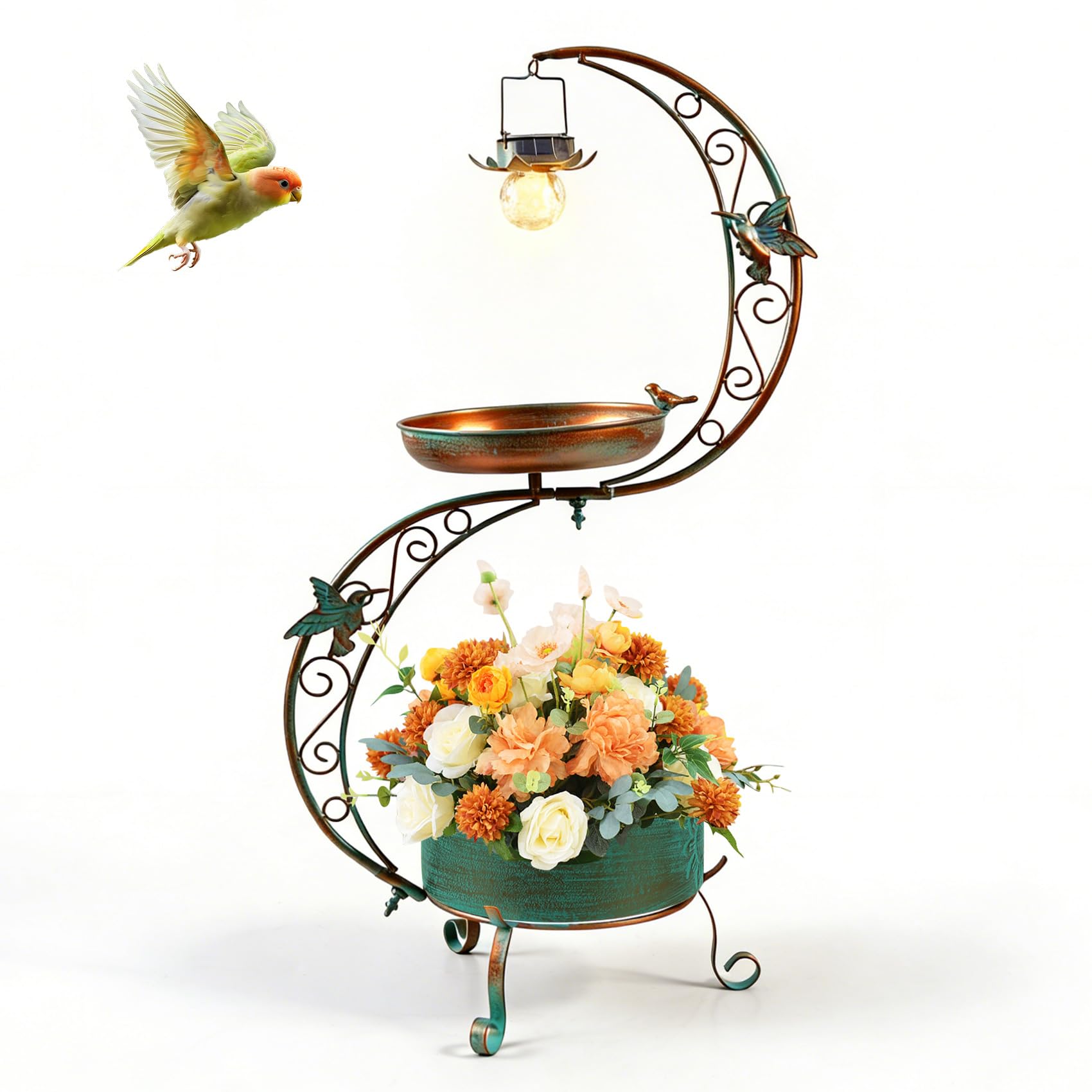Bird Bath with Solar Light, Bird Bath Bowl for Garden, with Planter Base, Metal Decoration for Lawn, 95cm Height, Antique Blue